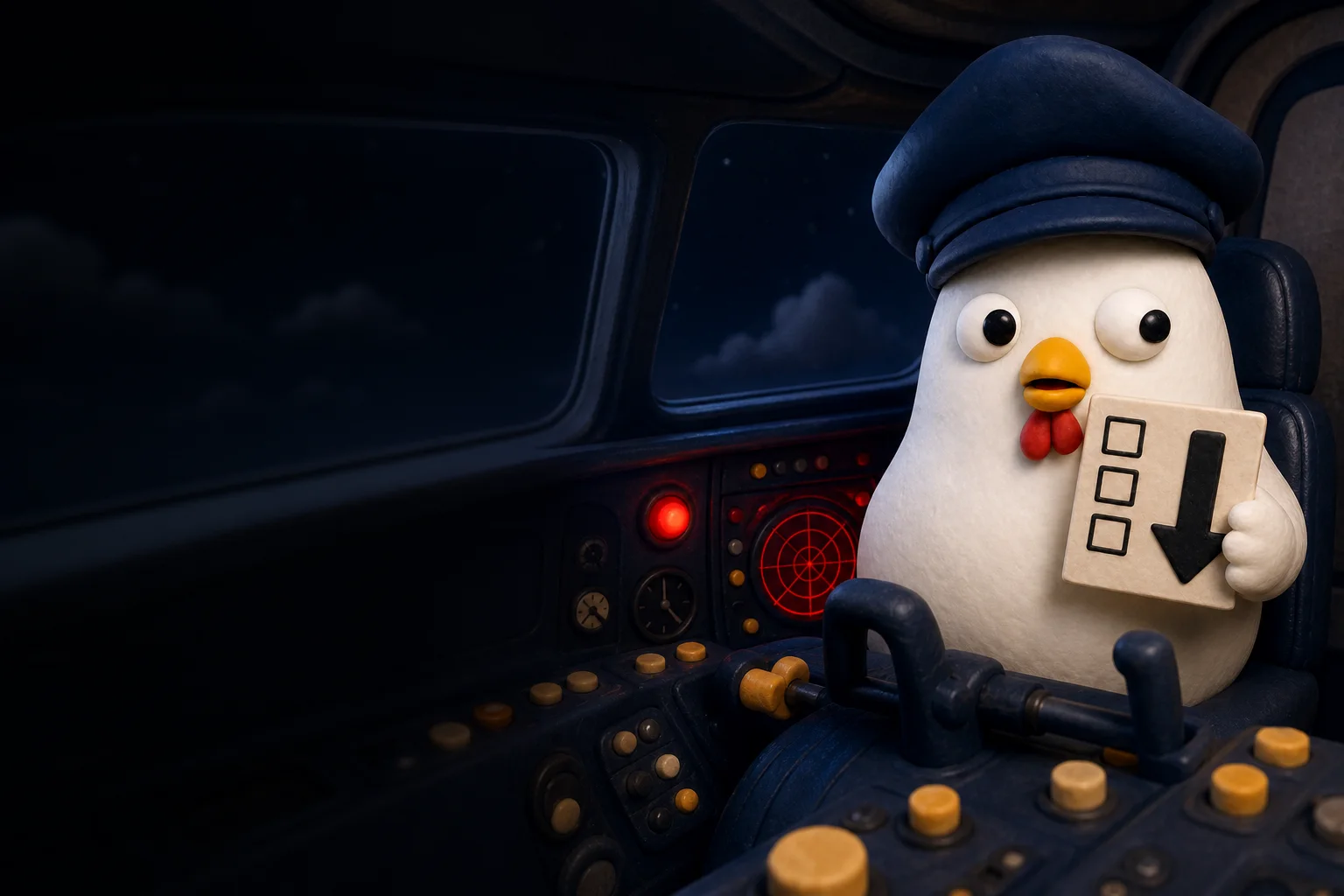 Captain WINGIT calmly improvising inside a retro cockpit